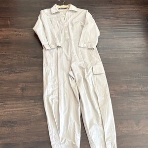 Zara Light Gray Utility Button-Front Jumpsuit